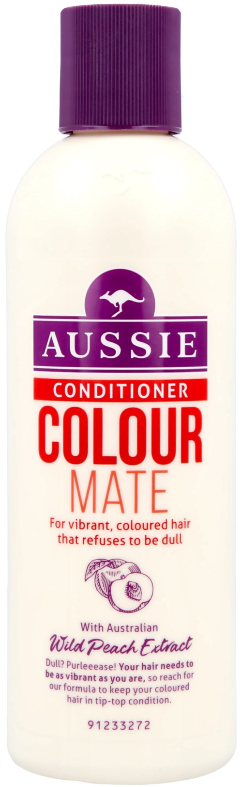 En hvit flaske med lilla kork, merket 'Aussie Conditioner Colour Mate,' for livfullt farget hår. Inneholder australsk vill fersken ekstrakt.