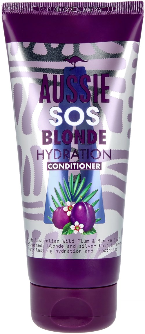 Een tube Aussie SOS Blonde Hydration Conditioner met paarse en witte kleuren, met een afbeelding van een paarse vrucht en plant.