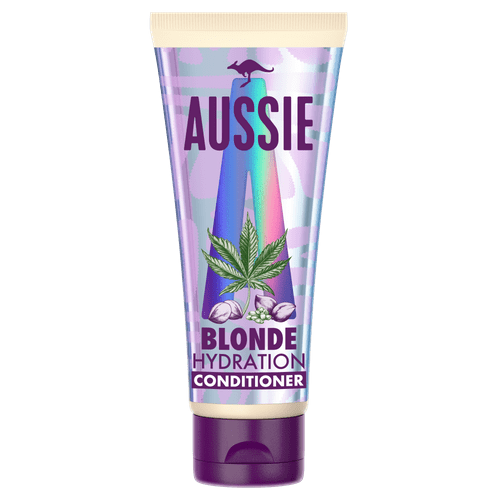 Een tube Aussie Blonde Hydration conditioner met kleurrijk regenboogontwerp, een kangoeroe en een marihuanabladafbeelding.