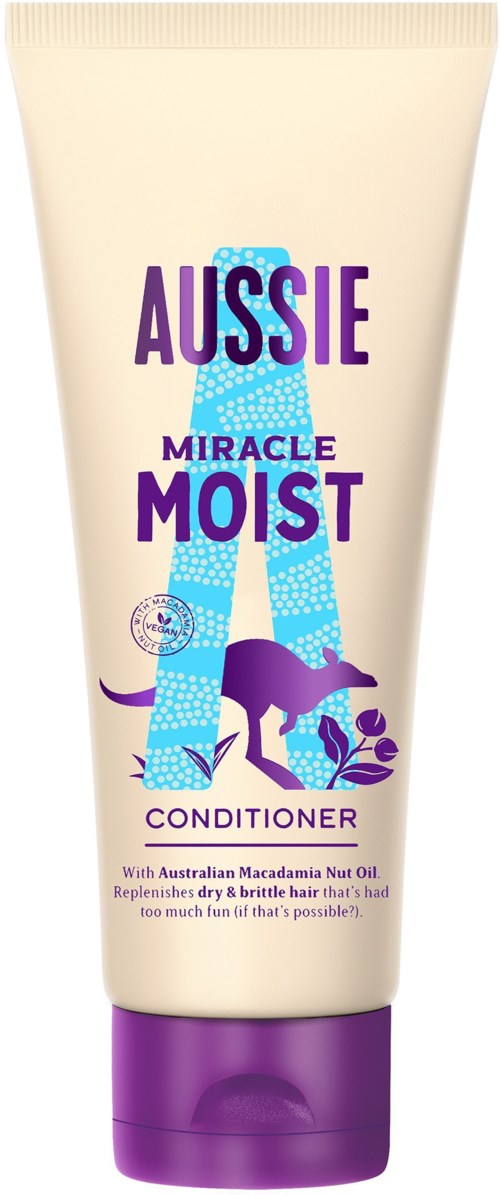 En tub med Aussie Miracle Moist balsam med australiensisk macadamianötolja och en illustration av en kanin.