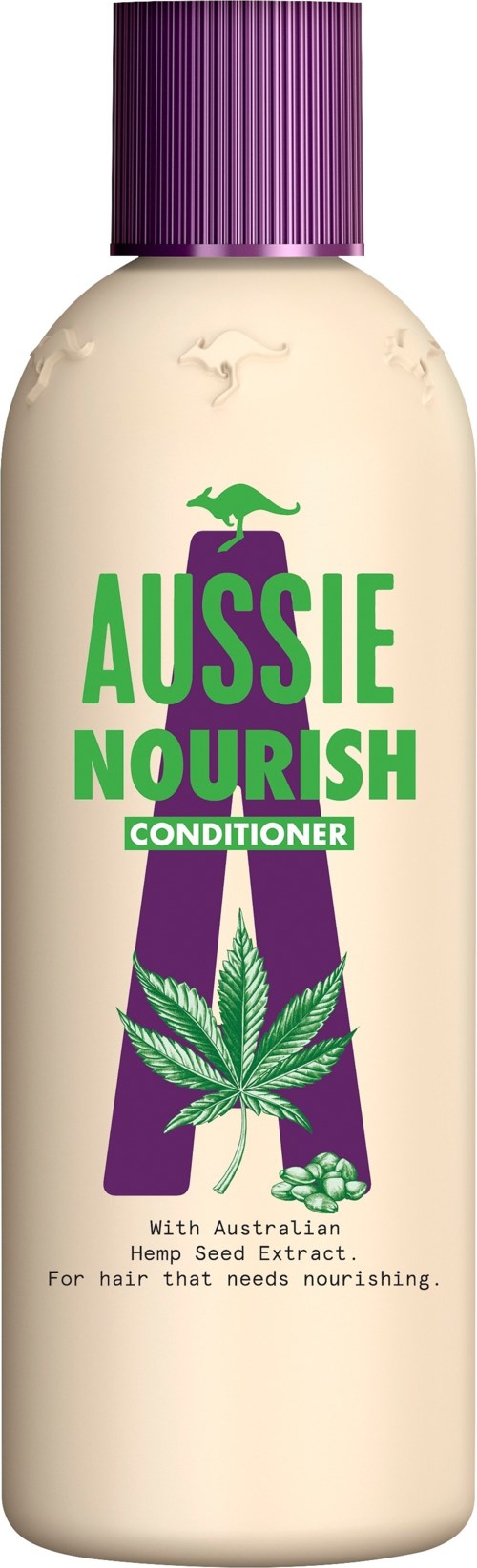 En flaska Australian Nourish balsam med lila lock, gröna och lila texter och en cannabisbladsgrafik.