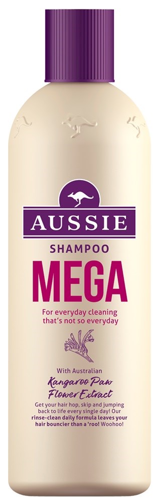 En flaske Aussie Mega sjampo med lilla lokk, inneholder kengurupote ekstrakt for daglig hårvask.
