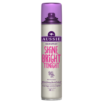 Boks med Aussie-hårspray med lilla lokk, merket 'Shine Bright Tonight' og laget for å gjøre håret skinnende og lyst.