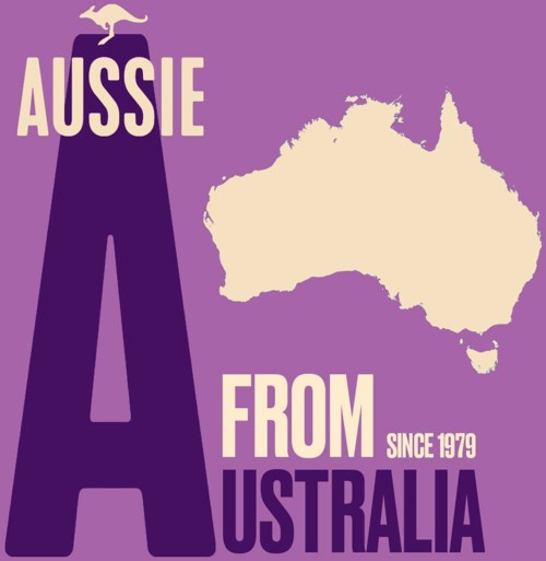 Obraz zawiera słowa "Aussie from Australia" i mapę Australii na fioletowym tle.