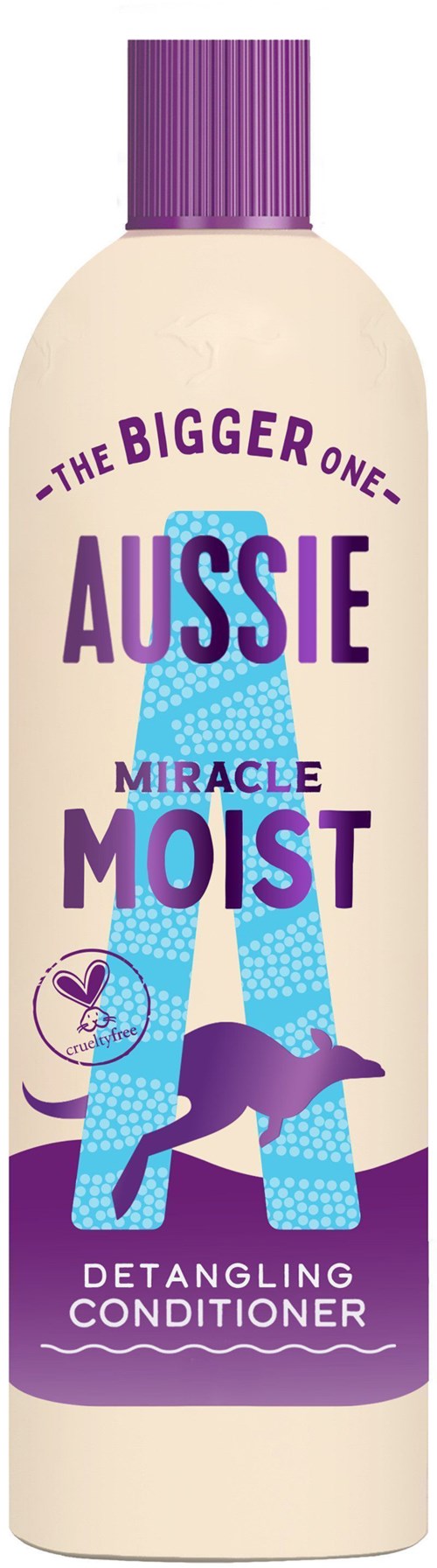 Bottle of Aussie Miracle Moist conditioner with purple cap and colorful label featuring a dog and playful text.