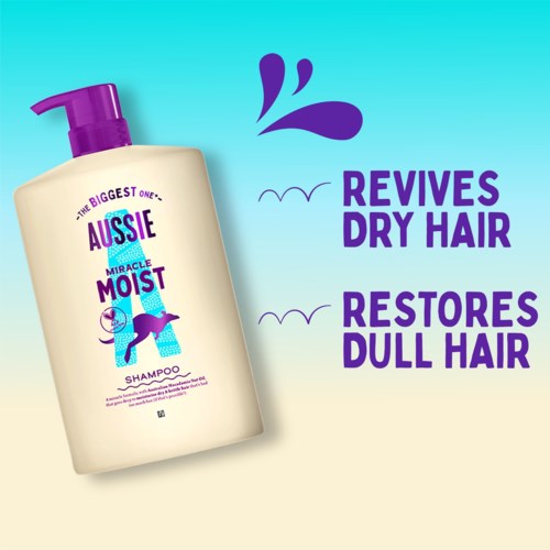 Shampoo-pullo, jossa on violetti pumppu, sisältää delfiinin ja edistää hiusten elvytystä ja palautumista.