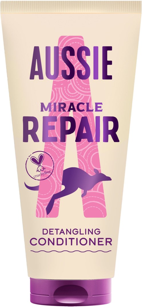 A tube of Aussie Miracle Repair detangling conditioner with purple and pink design and a kangaroo illustration.