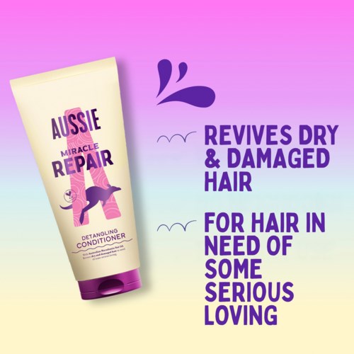 A hair conditioner bottle with purple text, pink and purple design, promoting hair repair and love.