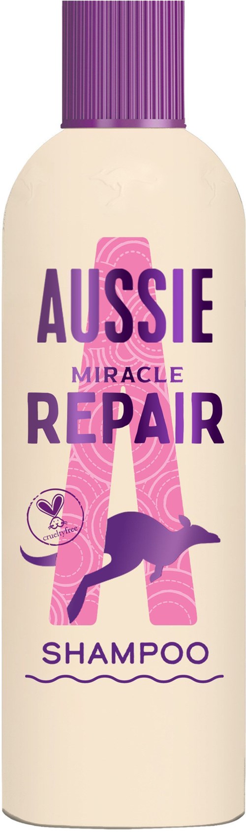 En flaska Aussie Miracle Repair-schampo med rosa och lila etikett och lila lock.