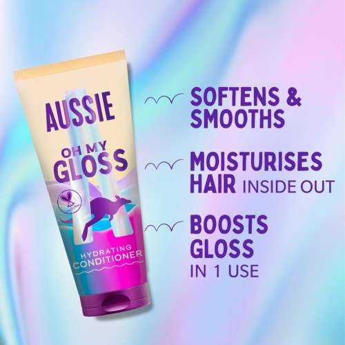 A shampoo bottle named Aussie's Oh My Gloss with benefits of softening, smoothing, moisturizing, and boosting gloss.