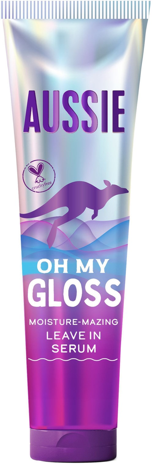En tub med Aussie leave-in serum med titeln "Oh My Gloss", lila och blå färger, kängurabilder och vegansymbol.