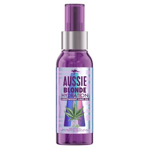 En lila sprayflaska märkt Aussie Blonde Hydration lättvikts hårolja med ett cannabisblad.