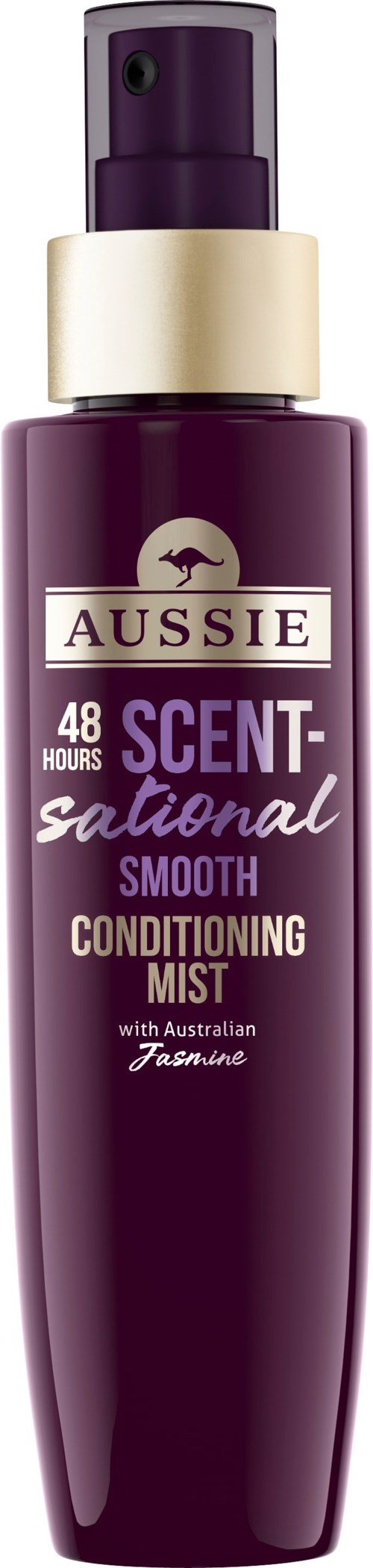 Een paarse fles Aussie conditionermist met witte dop en paarse spray, gemarkeerd voor geur en gladheid.