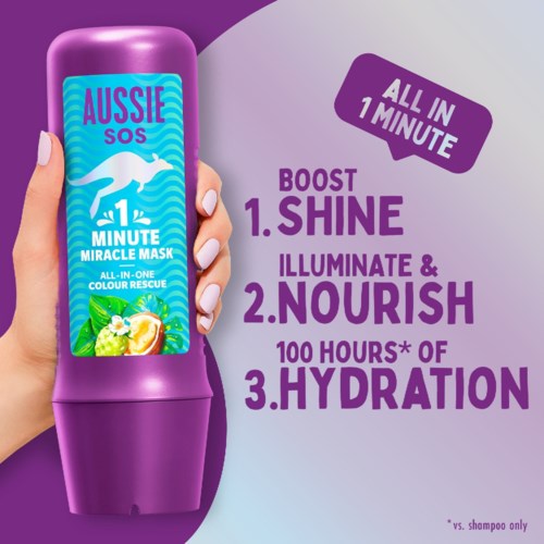 Violetti pullo Aussie SOS 1 Minuutin Ihmeamมือn maski, jossa tekstiä kiillon lisäämisestä, ravitsemuksesta ja kosteutuksesta 100 tunniksi.