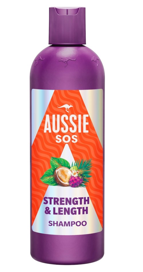 Purple shampoo bottle with orange, white, and purple label, featuring a kangaroo and fruit, stating "Aussie SOS" for strength. Basic.