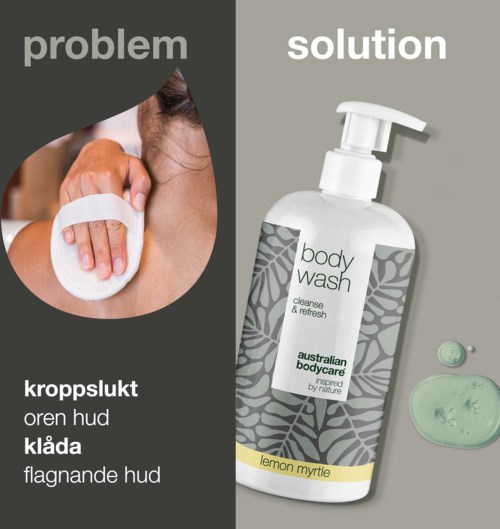 Bilden jämför hudproblem som irritation med en kroppstvål som heter lemon myrtle.