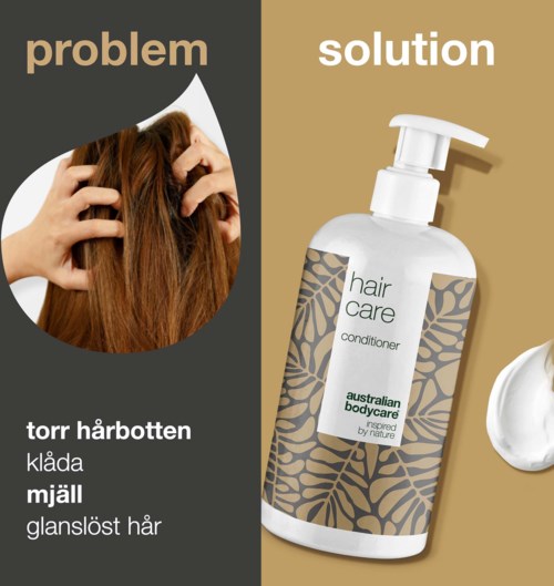 Bildet sammenligner hårproblemer som hårtap og livløst hår med en hårpleieartikelse som løsning.