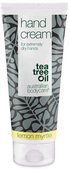 A tube of hand cream with tea tree oil, lemon myrtle scent, designed for very dry hands, by Australian Bodycare.