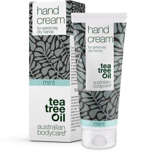 Handkräm med tea tree-olja, för mycket torra händer, doftar mint, från Australian Bodycare.