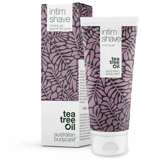A tube and box of intimate shave gel with tea tree oil, designed to fight red spots for smooth skin.