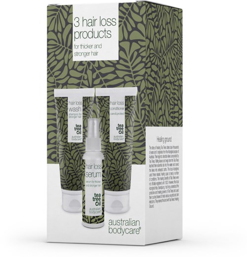 A box contains three hair loss products, including shampoo, conditioner, and spray, aimed at strengthening hair.