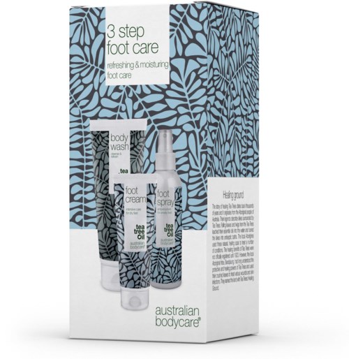 Foot care set with body wash, foot cream, and spray in a blue leaf pattern box.