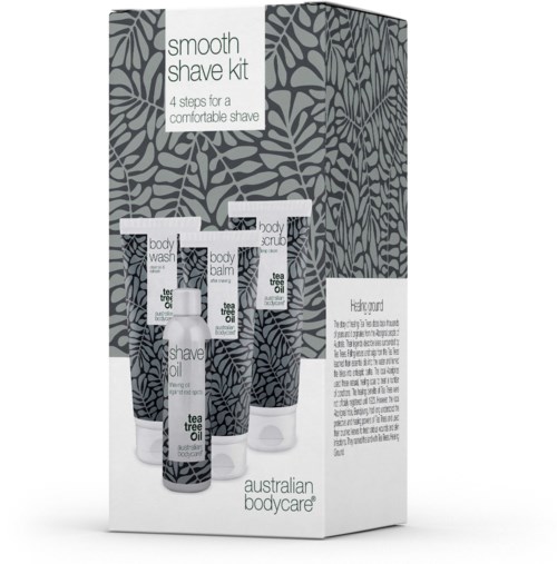 Ett groomingkit med kroppstvätt, kroppsbalsam, rakolja och tvål, alla med te-trädolja design.