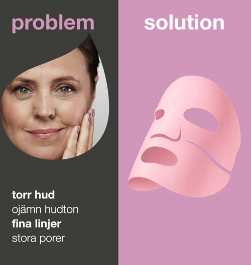 Løsningen viser en maske for store porer, fine linjer, og ujevn hud. Problemet viser en kvinne med hudproblemer.