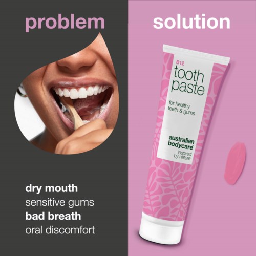 A split image shows a person with a dry mouth, sensitive gums, and bad breath on the left, and toothpaste on the right.
