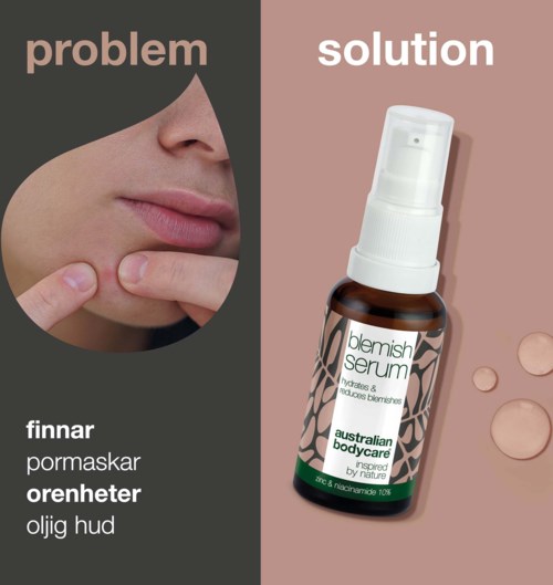 Bildens jämförelse visar hudproblem och en serumlösning med en kvinnas haka och en sprayflaska.