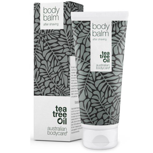 En tub och box med kroppsbalm med tea tree-olja från Australian Bodycare, designad med grå bladmönster.