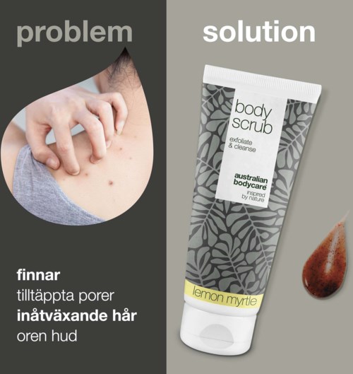 En kroppspleieprodukt kalt lemon myrtle kropps-skrubb hjelper å rengjøre og eksfoliere huden, mot problemer som tilstoppede porer og fet hud.