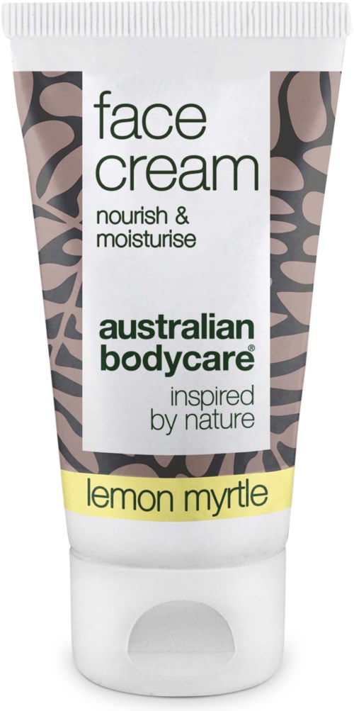 Kasvovoideputeli, jossa lukee 'Lemon Myrtle' Australian Bodycarelta, leopardi-kuvio ja hoitoa korostava teksti.