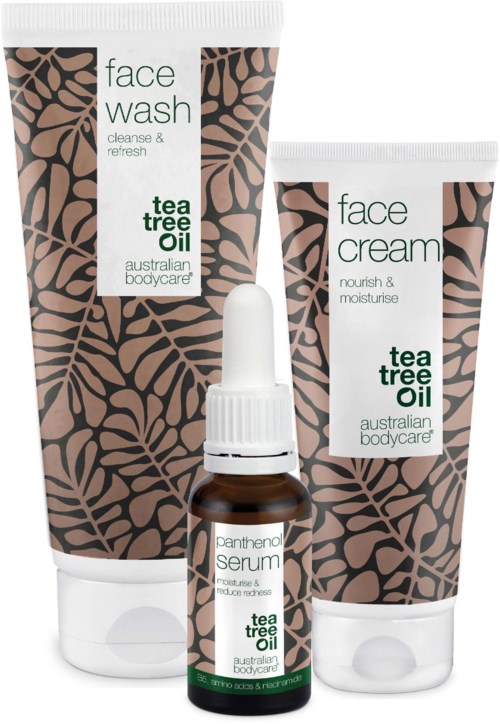 Kolmen ihonhoitotuotteen tee teepuuöljyllä Australian Bodycare:lta: kasvoputsari, kasvovoide ja seerumi.