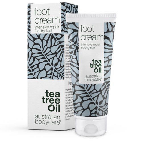 Fotkrem for tørre føtter med te-treolje, i en dekorativ eske og tube. Laget av Australian Bodycare.