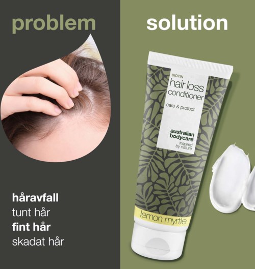 En sjampo for hårtap med sitrusmynte duft, viser hårproblemer på den ene siden og løsning på den andre.