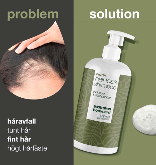 Problem: Hårtap og svakt hår. Løsning: Biotin hårtap sjampo for sterkere, tykkere hår fra Australian Bodycare.