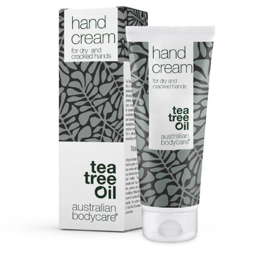 En tube og eske med håndkrem med tee tree olje for tørre, sprukne hender av Australian Bodycare.
