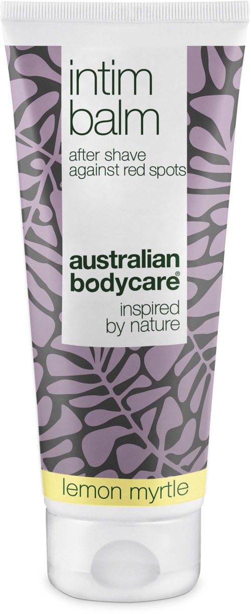 En tub märkt 'intim balm' från Australian Bodycare, med lavendel- och grönt design, doftar citronmyrte.