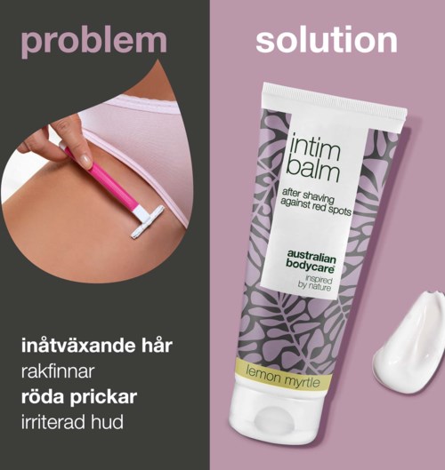 Problem ist dunkle, gereizte Haut mit Haaren und roten Flecken. Lösung ist eine beruhigende Salbe namens Intim Balm Lemon Myrtle.