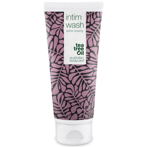 En tube mærket 'intim wash' med pink og sorte bladmønstre, indeholder tea tree olie fra Australien.