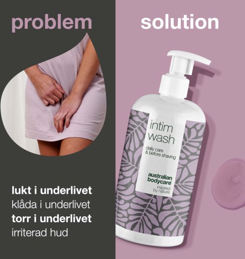 Das Bild zeigt ein Problem mit Frauengesundheit und eine Lösung mit einem Intimpflege-Duschgel.