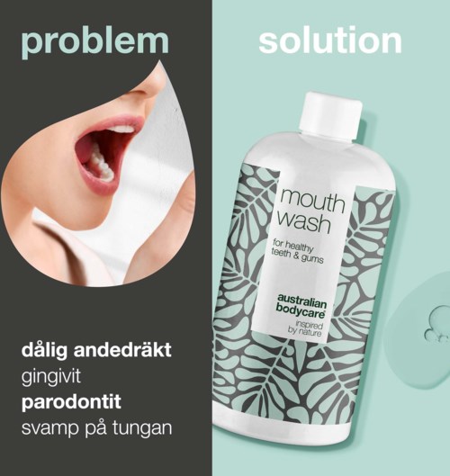Vänster sida visar en person med dålig andedräkt, högra sidan visar munskölj för sunda tänder och gummar.