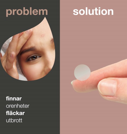 Geteiltes Bild: links ein Kind mit Pickel, rechts eine Tablette zwischen den Fingern. Text zu Problem und Lösung.