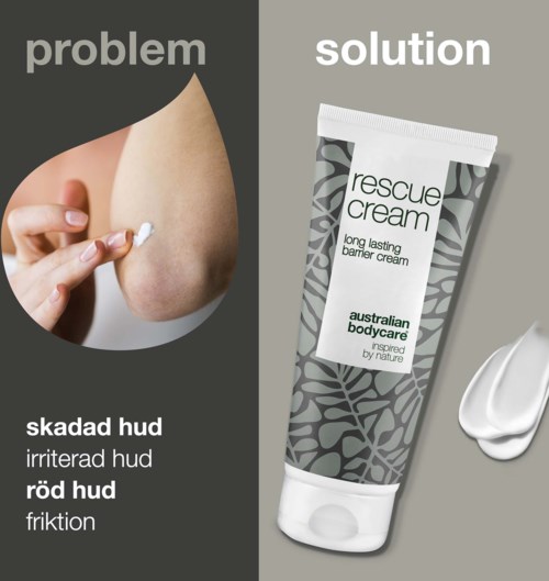 En diagram viser et problem med kløende, irritert og rød hud. Rescue cream vises som en løsning for å roe ned huden.