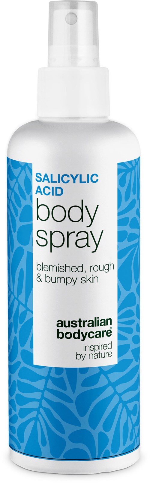 Valkoinen suihkepullo, jossa teksti 'Salicylic Acid Body Spray' epätasaiselle ja karheapalaiselle iholle. Se on Australian Bodycarelta.