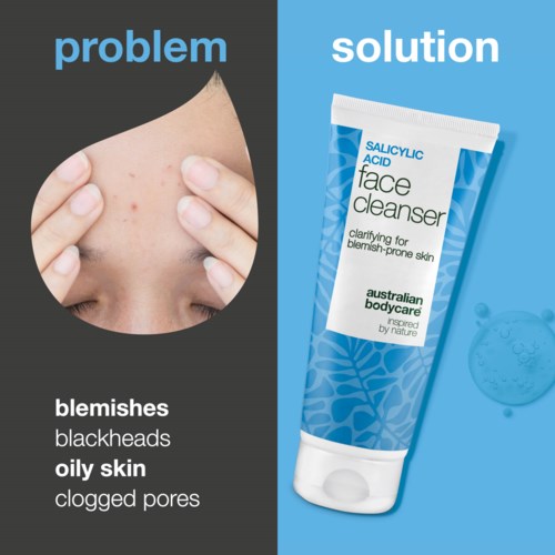 Split image shows skin problems like blackheads, oily skin, and clogged pores on one side, and acne face wash on the other.