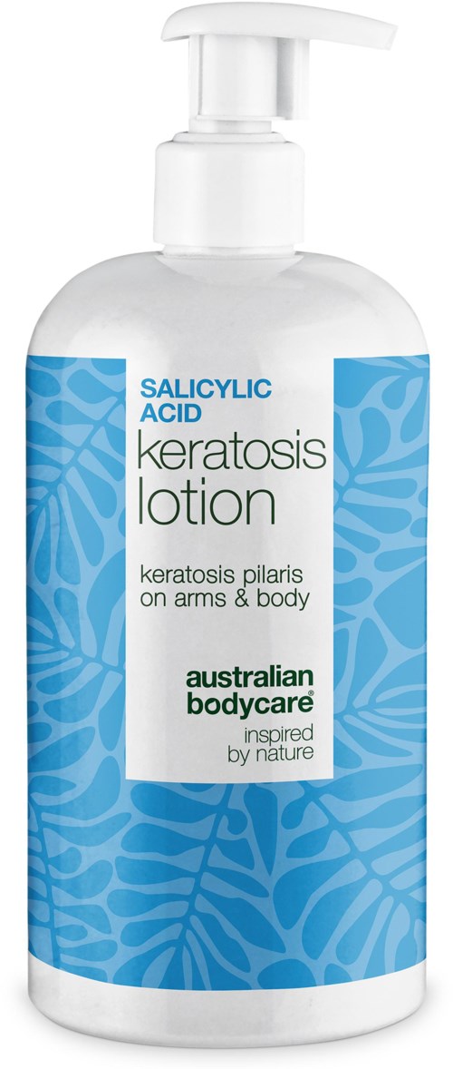 A white bottle with a pump, labeled 'Keratosis lotion' for skin on arms and body, from Australian Bodycare.