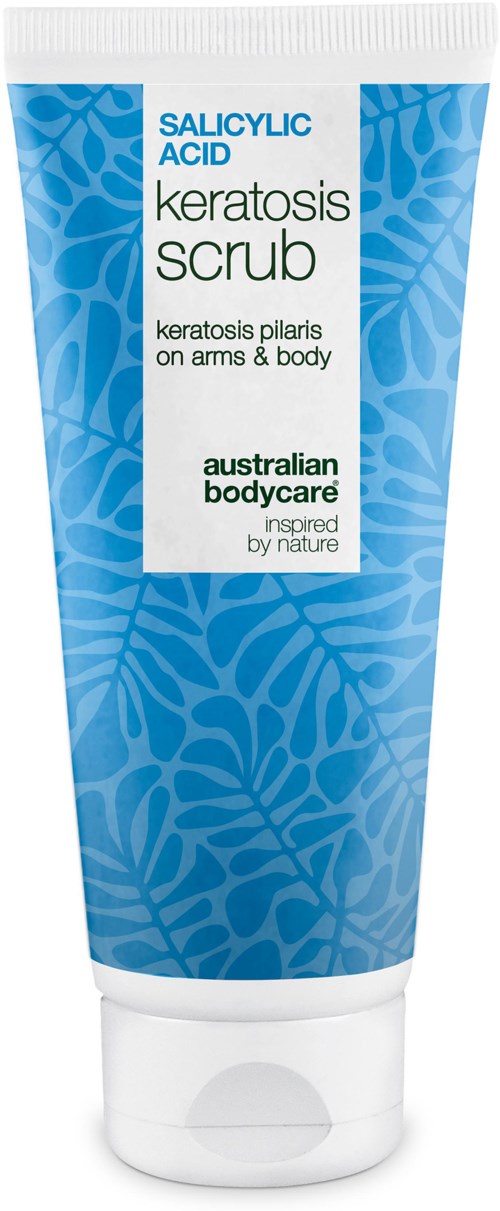 Blue tube labeled as salicylic acid keratosis scrub for body skin care.