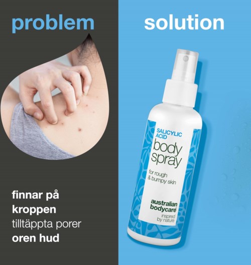 Illustration of acne problem and body spray solution for rough, bumpy skin with clear text explanation.